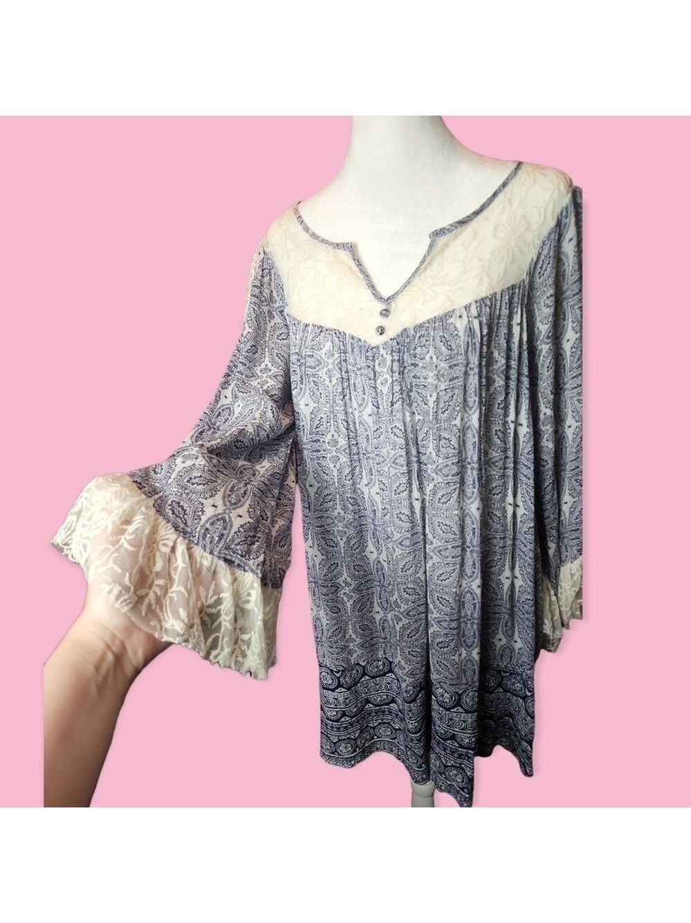 Altar’d State Boho Paisley Embroidered Lace Yoke Bell Sleeves Dress w Pockets L